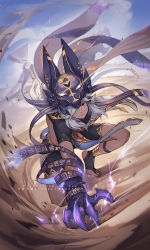 Rule 34 | 1boy, animal hat, black hat, claws, closed mouth, cyno (genshin impact), dark-skinned male, dark skin, day, egyptian clothes, electricity, full body, genshin impact, gold, grey hair, hair over one eye, hat, highres, long hair, male focus, on one knee, outdoors, red eyes, sand, short sleeves, solo, tuanzimiao1, watermark