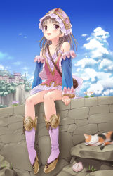 Rule 34 | 1girl, atelier (series), atelier totori, bare shoulders, blue sky, boots, brown eyes, brown hair, cat, clam, cliff, cloud, day, detached sleeves, dress, female focus, flower, foot dangle, full body, hairband, head scarf, highres, long sleeves, looking at viewer, miniskirt, n.g., no socks, open mouth, outdoors, seashell, shell, sitting, skirt, sky, sleeveless, smile, solo, spaghetti strap, stone wall, totooria helmold, town, wall