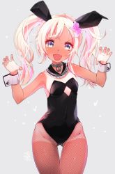 Rule 34 | &gt;:d, 10s, 1girl, :d, alternate costume, alternate hairstyle, anchor, animal ears, bare shoulders, blue eyes, blush, claw pose, detached collar, fake animal ears, fang, fishnet pantyhose, fishnets, flower, hair flower, hair ornament, hato haru, kantai collection, long hair, looking at viewer, one-piece tan, open mouth, pantyhose, playboy bunny, rabbit ears, ro-500 (kancolle), simple background, smile, solo, tan, tanline, thigh gap, twintails, v-shaped eyebrows, wrist cuffs