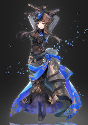 Rule 34 | 1girl, arms up, bare shoulders, black footwear, black gloves, black hat, black tea, black tea (food fantasy), blue flower, blush, boots, breasts, brown hair, crossed legs, dress, dual wielding, floating hair, flower, food fantasy, frilled sleeves, frills, full body, glint, gloves, gun, hat, high heels, highres, holding, holding gun, holding weapon, kagachi saku, large breasts, layered dress, long hair, long sleeves, looking at viewer, petals, red eyes, smile, solo, sparkle, tea, watson cross, weapon