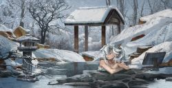 Rule 34 | 1girl, ari (shichigatsu), bare tree, crossed arms, day, forest, grey sky, highres, nature, onsen, original, outdoors, parted lips, ponytail, red eyes, scenery, shichigatsu, shrine, sky, snow, solo, stone lantern, tree, white hair