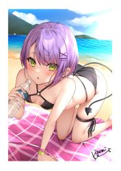 Rule 34 | 1girl, absurdres, bare shoulders, beach, beach towel, bikini, black bikini, blush, border, bottle, bracelet, cloud, collarbone, day, demon tail, ear piercing, foot out of frame, green eyes, hair ornament, hairclip, halterneck, highres, hololive, izumi kei, jewelry, kneeling, looking at viewer, mountain, multicolored nails, nail polish, o-ring, o-ring top, outdoors, parted lips, piercing, purple hair, short hair, signature, solo, sweat, swimsuit, tail, thigh strap, tokoyami towa, towel, virtual youtuber, water, water bottle, white border, x hair ornament