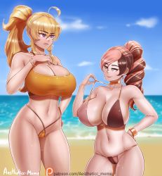 Rule 34 | 2girls, aestheticc-meme, ahoge, armpit crease, artist name, beach, bikini, blonde hair, breasts, brown bikini, brown eyes, cameltoe, cleavage, cleft of venus, clenched teeth, cloud, collarbone, commentary, cowboy shot, earrings, english commentary, eye contact, hair between eyes, hand on own hip, height difference, highres, hoop earrings, huge breasts, jewelry, looking at another, multicolored hair, multiple girls, navel, neo politan, ocean, outdoors, ponytail, purple eyes, rwby, sand, shortstack, smile, sparkle, split-color hair, standing, strap pull, swimsuit, teeth, thighs, two-tone hair, water, watermark, web address, yang xiao long, yellow bikini