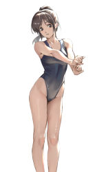 Rule 34 | 1girl, bare arms, bare legs, bare shoulders, black one-piece swimsuit, brown eyes, brown hair, collarbone, commentary request, competition swimsuit, doconim, feet out of frame, head tilt, highleg, highleg swimsuit, looking at viewer, one-piece swimsuit, original, outstretched arms, parted bangs, parted lips, ponytail, short hair, short ponytail, simple background, solo, standing, swimsuit, white background