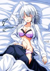 Rule 34 | 1girl, bed, bra, breasts, cleavage, dated, closed eyes, groin, izayoi sakuya, long sleeves, lying, navel, on back, open clothes, open mouth, open shirt, panties, partially undressed, pillow, purple bra, purple panties, shirt, short hair, signature, silver hair, sleeping, solo, tatsuya (guild plus), touhou, underwear