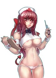 Rule 34 | + +, 1girl, armband, bare shoulders, bow, breasts, cameltoe, crop top, demon tail, female focus, fengmo, gluteal fold, hair bow, hat, highres, large breasts, long hair, looking at viewer, nipples, nurse, nurse cap, original, panties, pink hair, red eyes, red hair, simple background, solo, symbol-shaped pupils, syringe, tail, thigh gap, underboob, underwear, upper body, white background, white panties, wrist cuffs