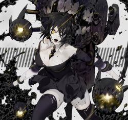 Rule 34 | 10s, 1girl, :o, abyssal ship, angry, bare shoulders, between breasts, black gloves, black hair, black shirt, black skin, black skirt, black thighhighs, bracelet, breasts, cannon, cleavage, colored skin, dagger, dark persona, detached collar, dress, emje (uncover), empty eyes, eyepatch, female focus, gloves, glowing, glowing eye, hair over one eye, highres, holding, holding weapon, jewelry, kantai collection, knife, large breasts, looking at viewer, pale skin, shirt, skirt, solo, sweat, teeth, tenryuu (kancolle), thighhighs, torn clothes, torn thighhighs, weapon, white skin, yellow eyes