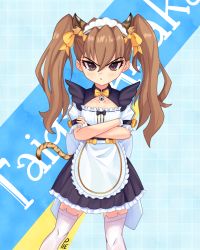 Rule 34 | 1girl, absurdres, aisaka taiga, animal ears, apron, bell, black skirt, blue background, bow, bowtie, brown eyes, brown hair, character name, closed mouth, commentary, crossed arms, english commentary, hair between eyes, highres, jingle bell, light blush, long hair, looking at viewer, maid, maid apron, maid headdress, pout, short sleeves, signature, skirt, solo, standing, tail, thighhighs, tiger ears, tiger tail, toradora!, twintails, unusualpie, v-shaped eyebrows, white thighhighs, yellow bow
