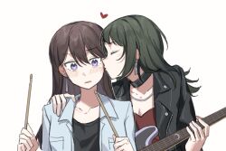 2girls bang_dream! bang_dream!_it&#039;s_mygo!!!!! black_choker black_hair black_jacket blush breasts brown_hair choker cleavage closed_eyes collarbone commentary earrings electric_bass_guitar hashtag-only_commentary heart highres jacket jenjen jewelry kiss kissing_cheek long_hair mole mole_under_eye multiple_girls open_mouth purple_eyes red_shirt shiina_taki shirt simple_background white_background white_jacket yahata_umiri yuri