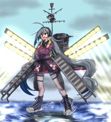Rule 34 | &gt;:d, absurdly long hair, ahoge, alternate costume, artist name, boots, bow, bowtie, cross-laced footwear, crossed arms, dress, fairy (kancolle), grey hair, hair between eyes, happi, japanese clothes, kakiiro (takuya), kantai collection, kiyoshimo (kancolle), lace-up boots, light, long hair, low twintails, multicolored hair, pantyhose, purple dress, purple eyes, purple legwear, twintails, v-shaped eyebrows, very long hair