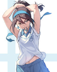 Rule 34 | &gt;:), 10s, 1girl, adjusting hair, alternate hairstyle, armpits, arms up, bad id, bad pixiv id, blue hairband, blue shorts, brown eyes, brown hair, closed mouth, emblem, finnish flag, flag background, girls und panzer, gym uniform, hair between eyes, hair tie, hairband, keizoku (emblem), long hair, looking at viewer, mika (girls und panzer), mouth hold, navel, pairan, ponytail, shirt, short sleeves, shorts, sidelocks, sleeves rolled up, smile, solo, tsurime, two-tone background, tying hair, upper body, v-shaped eyebrows, white shirt, wing collar