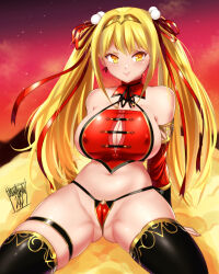Rule 34 | 1girl, alternate breast size, black thighhighs, blonde hair, blush, breasts, circlet, closed mouth, cloud, commentary, crossed ankles, danmakuman, evertale, headband, highres, jacket, journey to the west, large breasts, long hair, monkey girl, monkey tail, open clothes, panties, red footwear, side-tie panties, skindentation, sky, star (sky), star (symbol), starry sky, sun wukong, sun wukong (evertale), tail, thighhighs, thighlet, twintails, underwear, yellow eyes