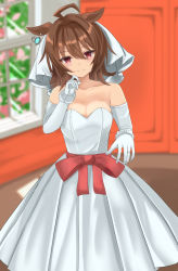 Rule 34 | absurdres, agnes tachyon (umamusume), ahoge, animal ears, bridal veil, bride, collarbone, dress, earrings, elbow gloves, gloves, hair between eyes, hand on own face, highres, horse ears, horse girl, indoors, jewelry, kudo (user dzch8572), looking at viewer, red ribbon, ribbon, ring, single earring, sleeveless, sleeveless dress, smile, umamusume, veil, wedding band, wedding dress, white dress, white gloves, window