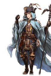 Rule 34 | 10s, 1boy, alpha transparency, belt, black gloves, boots, brown eyes, brown hair, cleric (granblue fantasy), fingerless gloves, full body, gloves, gran (granblue fantasy), granblue fantasy, male focus, minaba hideo, official art, pouch, short hair, solo, staff, transparent background