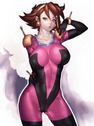 Rule 34 | 1girl, blue eyes, breasts, brown hair, cameltoe, covered erect nipples, fumio (rsqkr), g gundam, gundam, hand on own hip, large breasts, looking at viewer, mobile trace suit, rain mikamura, short hair, skin tight, solo
