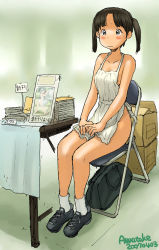 Rule 34 | 00s, 1girl, 2007, apron, artist name, awatake takahiro, black hair, blush, blush stickers, box, chair, character request, convention, copyright request, dated, folding chair, naked apron, nervous, shoes, short hair, short twintails, solo, text focus, translation request, twintails