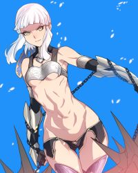 Rule 34 | 1girl, armor, ban! (bansankan), bare shoulders, berserker of el dorado, blue background, breastplate, breasts, chain, closed mouth, commentary request, dutch angle, elbow gloves, fate/grand order, fate (series), fingerless gloves, gauntlets, gloves, gluteal fold, highres, looking at viewer, navel, penthesilea (fate), revealing clothes, short hair, short hair with long locks, silver hair, small breasts, solo, thigh gap, thighhighs, underboob, yellow eyes