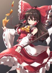 Rule 34 | 1girl, bare shoulders, bow, breasts, brown hair, closed mouth, collar, eyes visible through hair, frills, gohei, grey background, hair between eyes, hair tubes, hakurei reimu, hands up, highres, light, long hair, long sleeves, medium breasts, mk82 (hoonsyh), red bow, red skirt, red vest, skirt, solo, touhou, vest, white collar, white sleeves, yellow eyes, yellow neckwear