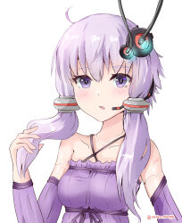 Rule 34 | absurdres, android, barcode, breasts, cable, dress, hair ornament, headset, highres, joints, maintenance, open mouth, purple dress, purple eyes, purple hair, purple sleeves, rasen manga, robot joints, small breasts, voiceroid, wire, yuzuki yukari