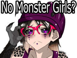 Rule 34 | absurdres, antennae, arthropod girl, beanie, brown hair, cpt.tester works, erica (cpt.tester), facial tattoo, frown, glasses, hat, highres, holding glasses, looking at viewer, meme, multicolored hair, no bitches? (meme), purple eyes, tattoo