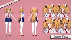 Rule 34 | 1girl, 3d, artist request, blonde hair, blue eyes, breasts, character sheet, fake screenshot, full body, highres, huge breasts, looking at viewer, multiple views, onizaki kirara, open mouth, school uniform, simple background, skirt, taimanin (series), taimanin rpgx, twintails, upper body