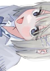 Rule 34 | 1girl, black eyes, blonde hair, blue neckerchief, blush, cardigan, collared shirt, commentary, cross, cross earrings, earrings, grey cardigan, hair between eyes, hair ornament, hairpin, hamafugu, highres, jewelry, leaning forward, looking at viewer, multiple hairpins, neckerchief, open mouth, original, school uniform, shirt, short hair, simple background, solo, stud earrings, swept bangs, tongue, white background, white shirt