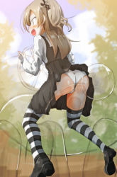 Rule 34 | 1girl, ass, bear, black skirt, blonde hair, blush, brown eyes, from below, girls und panzer, hair ornament, hair ribbon, highres, invisible object, jinguu (4839ms), kiddie ride, long hair, open mouth, outdoors, panties, pleated skirt, ribbon, shimada arisu, skirt, sky, smile, solo, striped clothes, striped thighhighs, thighhighs, underwear, white panties
