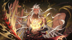 Rule 34 | 1boy, asura (onmyoji), bangle, bare shoulders, bracelet, bridal gauntlets, chinese commentary, closed mouth, commentary request, dark-skinned male, dark skin, english text, eyelashes, facepaint, facial mark, floating, floating hair, floating object, flower, forehead jewel, forehead mark, giant hand, glowing, hand up, highres, japanese clothes, jewelry, kongzao, long hair, looking at viewer, lotus, male focus, mask, unworn mask, necklace, onmyoji, parted bangs, red eyes, serious, shirt, sidelocks, solo, star (symbol), upper body, very long hair, white shirt