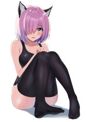 Rule 34 | 1girl, absurdres, animal ears, ayul (ayulneri 92), black one-piece swimsuit, black thighhighs, blush, breasts, cat ears, fate/grand order, fate (series), hair over one eye, highres, knees up, large breasts, light purple hair, looking at viewer, mash kyrielight, one-piece swimsuit, open mouth, purple eyes, short hair, simple background, solo, swimsuit, thighhighs, wet, white background