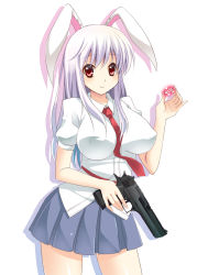 Rule 34 | 1girl, animal ears, between breasts, breasts, bullet, covered erect nipples, desert eagle, dress shirt, female focus, gun, handgun, impossible clothes, impossible shirt, large breasts, light purple hair, long hair, necktie, pistol, pleated skirt, rabbit ears, red eyes, red necktie, reisen udongein inaba, rick.black, shirt, skirt, solo, touhou, weapon