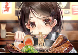 Rule 34 | 1girl, amahara pekozaemon, bad id, bad pixiv id, blurry, bowl, brown eyes, brown hair, child, chopsticks, cup, depth of field, drinking glass, eating, egg, food, food in mouth, hair ornament, hairclip, letterboxed, long sleeves, looking at viewer, meat, nervous sweating, noodles, original, ramen, restaurant, shirt, short hair, solo, sweat, upper body, white shirt
