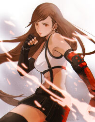 Rule 34 | 1girl, bare shoulders, black bra, black gloves, black skirt, black thighhighs, bra, breasts, brown eyes, brown hair, clenched hand, closed mouth, cowboy shot, crop top, earrings, elbow gloves, elbow pads, fighting stance, final fantasy, final fantasy vii, final fantasy vii remake, fingerless gloves, gloves, jewelry, long hair, looking at viewer, medium breasts, midriff, miniskirt, muraicchi (momocchi), shirt, skirt, sleeveless, sleeveless turtleneck, solo, sports bra, suspenders, thighhighs, tifa lockhart, turtleneck, underwear, white shirt, zettai ryouiki