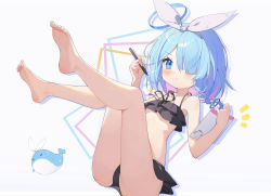 Rule 34 | 1girl, arona (blue archive), ass, bare arms, bare legs, bare shoulders, barefoot, bikini, black bikini, blue archive, blue eyes, blue hair, blush, closed mouth, feet, flat chest, frilled bikini, frills, hair over one eye, hairband, halo, highres, holding, light smile, looking at viewer, measho, pen, simple background, soles, solo, strap gap, swimsuit, thighs, toes, whale, white background