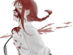 Rule 34 | 1girl, absurdres, black necktie, black pants, blood, blood on clothes, blood on face, blood splatter, braid, braided ponytail, chainsaw man, collared shirt, highres, looking at viewer, looking back, makima (chainsaw man), medium hair, necktie, pants, ringed eyes, shirt, shirt tucked in, sidelocks, sideways glance, simple background, solo, white background, white shirt, yellow eyes, yuuwaku06