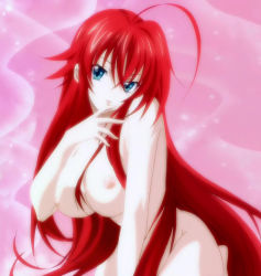 Rule 34 | 10s, 1girl, blue eyes, breasts, demon girl, female focus, gradient background, high school dxd, highres, large breasts, long hair, nipples, nude, red hair, rias gremory, screencap, smile, solo