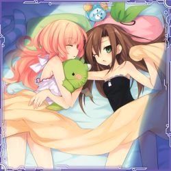 Rule 34 | 10s, 3girls, absurdres, alarm clock, arm grab, armpits, bare shoulders, bed, blanket, blush, blush stickers, bow, brown hair, choujigen game neptune, clock, closed eyes, compa, covering privates, dogoo, female focus, from above, green eyes, hair ornament, highres, holding, hug, if (neptunia), legs, long hair, lying, multiple girls, neptune (neptunia), neptune (series), nightgown, official art, on side, one eye closed, open mouth, orange hair, pillow, pink hair, shirt, sleeping, sleepwear, sleepy, strapless, striped legwear, stuffed animal, stuffed toy, tears, thighhighs, tsunako, under covers, unworn hair ornament, wince, wink, yuri