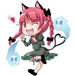 Rule 34 | 1girl, animal ears, braid, cat ears, cat girl, cat tail, chibi, fang, female focus, full body, heart, heart tail, kaenbyou rin, multiple tails, natsumi akira, one eye closed, red eyes, red hair, simple background, skull, solo, standing, tail, touhou, twin braids, white background, wink