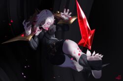 Rule 34 | 1girl, ahoge, belt, black belt, briar (league of legends), colored sclera, commentary, detached sleeves, english commentary, feet, fingernails, full body, gem, gradient hair, grey hair, hair between eyes, highres, hong doo, league of legends, legs, long hair, looking at viewer, multicolored hair, no shoes, outstretched foot, pale skin, pink hair, pointy ears, red gemstone, red sclera, serious, sharp fingernails, sharp teeth, sidelocks, soles, solo, stirrup legwear, teeth, toeless legwear, toenails, toes, tongue, tongue out, two-tone hair, vampire, white eyes, wrist cuffs