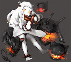 Rule 34 | 10s, 1girl, abyssal ship, aircraft, airplane, anklet, bad id, bad pixiv id, bare shoulders, barefoot, black panties, colored skin, dress, fire, holding, horns, jewelry, kantai collection, long hair, mittens, naiga, northern ocean princess, orange eyes, panties, solo, thigh strap, turret, underwear, white dress, white hair, white skin