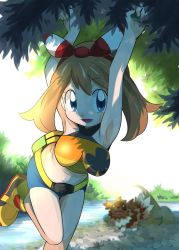 Rule 34 | 1girl, breasts, creatures (company), female focus, game freak, gen 3 pokemon, grass, hainchu, happy, large breasts, looking at viewer, matching hair/eyes, may (pokemon), nintendo, pokemon, pokemon (creature), pokemon oras, sitting, smile, water, zigzagoon
