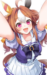 Rule 34 | 1girl, :d, absurdres, animal ears, arms up, blush, breasts, brown hair, collarbone, commentary request, copano rickey (umamusume), ear covers, fang, highres, horse ears, horse girl, horse tail, large breasts, long hair, multicolored hair, open mouth, pleated skirt, red eyes, sailor collar, school uniform, short sleeves, simple background, single ear cover, skirt, smile, solo, streaked hair, tail, tracen school uniform, umamusume, white background, white hair, white sailor collar, white skirt, yuki (asayuki101)