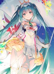 Rule 34 | 1girl, aqua eyes, aqua hair, arm guards, armor, breasts, closed mouth, commentary request, detached collar, dress, dsmile, elbow gloves, gloves, goodsmile racing, hair ornament, hatsune miku, head tilt, holding, lips, logo, long hair, looking at viewer, medium breasts, polearm, racing miku, shiny skin, short dress, simple background, smile, solo, strapless, strapless dress, thighhighs, twintails, vocaloid, weapon, white gloves, zettai ryouiki