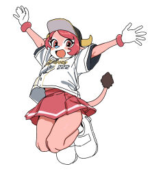 Rule 34 | 1girl, :d, arms up, baseball cap, baseball jersey, baseball uniform, black headwear, buffalo bell, commentary, cow girl, cow horns, cow tail, furry, furry female, hat, highres, horns, hutomayuu, jersey, jumping, light blush, looking at viewer, miniskirt, nippon professional baseball, open mouth, orix buffaloes, parted bangs, partially colored, pink bracelet, pink eyes, pink fur, pink hair, short hair, skirt, smile, snout, sportswear, tail, two-tone fur, white background, white fur
