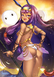 Rule 34 | 1girl, :d, absurdly long hair, absurdres, ass, bracelet, breasts, cowboy shot, dark-skinned female, dark skin, facial mark, fate/grand order, fate (series), from behind, hair between eyes, hand on own hip, highres, holding, holding weapon, jewelry, long hair, low-tied long hair, nekosama shugyouchuu, nitocris (fate), open mouth, panties, polearm, purple eyes, purple hair, sideboob, small breasts, smile, solo, underwear, very long hair, weapon, white panties