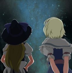 Rule 34 | 2girls, alice margatroid, arms behind back, blonde hair, bow, capelet, dark, from behind, from below, hairband, hands on own hips, hat, kirisame marisa, kugi (kugi-xiv), long hair, looking up, multiple girls, night, night sky, short hair, sky, star (sky), starry sky, touhou, upper body, witch hat