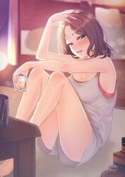 Rule 34 | 1girl, absurdres, alcohol, arm on knee, bad id, bad pixiv id, barefoot, blurry, blush, bokeh, bottle, breasts, brown hair, cleavage, cup, depth of field, drink, fingernails, hand in own hair, highres, holding, holding cup, ice bucket, knees up, legs, liquor, looking at viewer, medium breasts, medium hair, mizuiro 32, nail polish, on floor, open mouth, original, pink nails, purple eyes, shorts, sitting, solo, tank top, thighs, toes