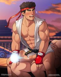 Rule 34 | 2boys, abs, anal, bara, black hair, blush, bottomless, censored, closed eyes, cloud, cum, ejaculating while penetrated, ejaculation, erection, fingerless gloves, forked eyebrows, gloves, hadouken, handsfree ejaculation, headband, large pectorals, male focus, male penetrated, mosaic censoring, multiple boys, muscular, muscular male, navel, nipples, nude, on person, open clothes, open mouth, open shirt, outdoors, paid reward available, pectorals, penis, red gloves, red headband, ryu (street fighter), sex, shirt, short hair, sitting, sitting on person, sky, sleeveless, sleeveless shirt, soupyeel, street fighter, thick thighs, thighs, torn clothes, torn shirt, twitter username, white shirt, yaoi