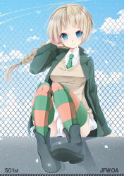 Rule 34 | 1girl, adjusting hair, ahoge, blue eyes, blush, boots, braid, breasts, brown hair, chain-link fence, cloud, contrail, day, fence, long hair, lynette bishop, medium breasts, military, military uniform, necktie, panties, pantyshot, single braid, sitting, sky, smile, solo, strike witches, striped clothes, striped thighhighs, sweater, thighhighs, underwear, uniform, white panties, world witches series, yodare (rabbitbit)