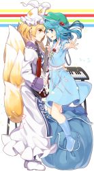 Rule 34 | 2girls, animal hat, backpack, bad id, bad pixiv id, bag, blonde hair, blue eyes, blue hair, dress, electric guitar, extra ears, face-to-face, fox tail, guitar, hair bobbles, hair ornament, hat, hat with ears, instrument, kawashiro nitori, keyboard (instrument), licking lips, long sleeves, mob cap, multiple girls, multiple tails, music, playing instrument, sakuragi ren, shirt, skirt, skirt set, smile, tabard, tail, tongue, tongue out, touhou, twintails, two side up, unworn backpack, unworn bag, white dress, wide sleeves, yakumo ran