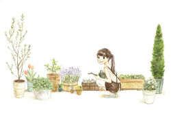 Rule 34 | 1girl, bare arms, blue flower, blue footwear, brown eyes, brown hair, brown overalls, casual, dirt, flower, from behind, from side, full body, gardening, holding, holding watering can, light blush, long hair, looking to the side, open mouth, original, overalls, pants, plant, ponytail, potted plant, purple flower, red flower, red tulip, shirt, simple background, sleeveless, smile, solo, squatting, swept bangs, teeth, tokoyu, tulip, turning head, watering can, white background, white flower, white pants, white shirt, wide shot, yellow flower